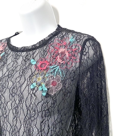 Y2K Mesh Black Long Floral Goth Sleeve Top - Picture 6 of 7